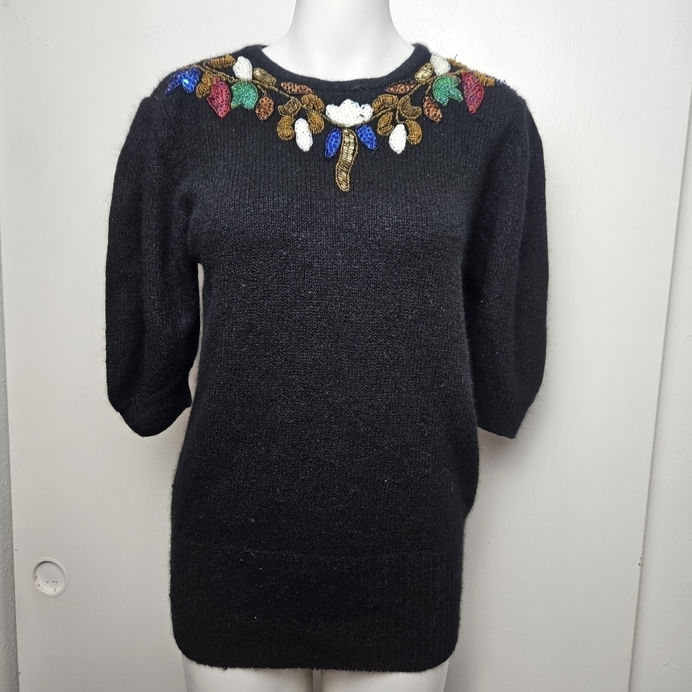 Vintage silk angora sweater bead and sequin